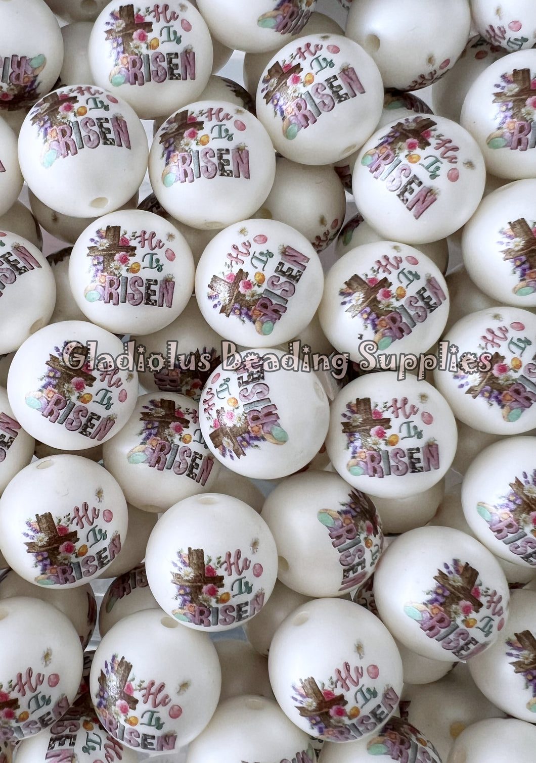 20mm He Is Risen/Flower Matte Print - White Acrylic Matte Beads - Bubblegum Beads - Chunky Beads - Easter