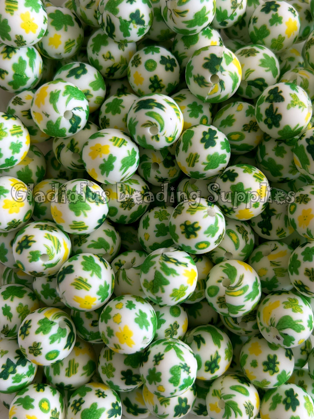 15mm Clover Print Silicone Bead, Loose Beads, St Patrick's Day