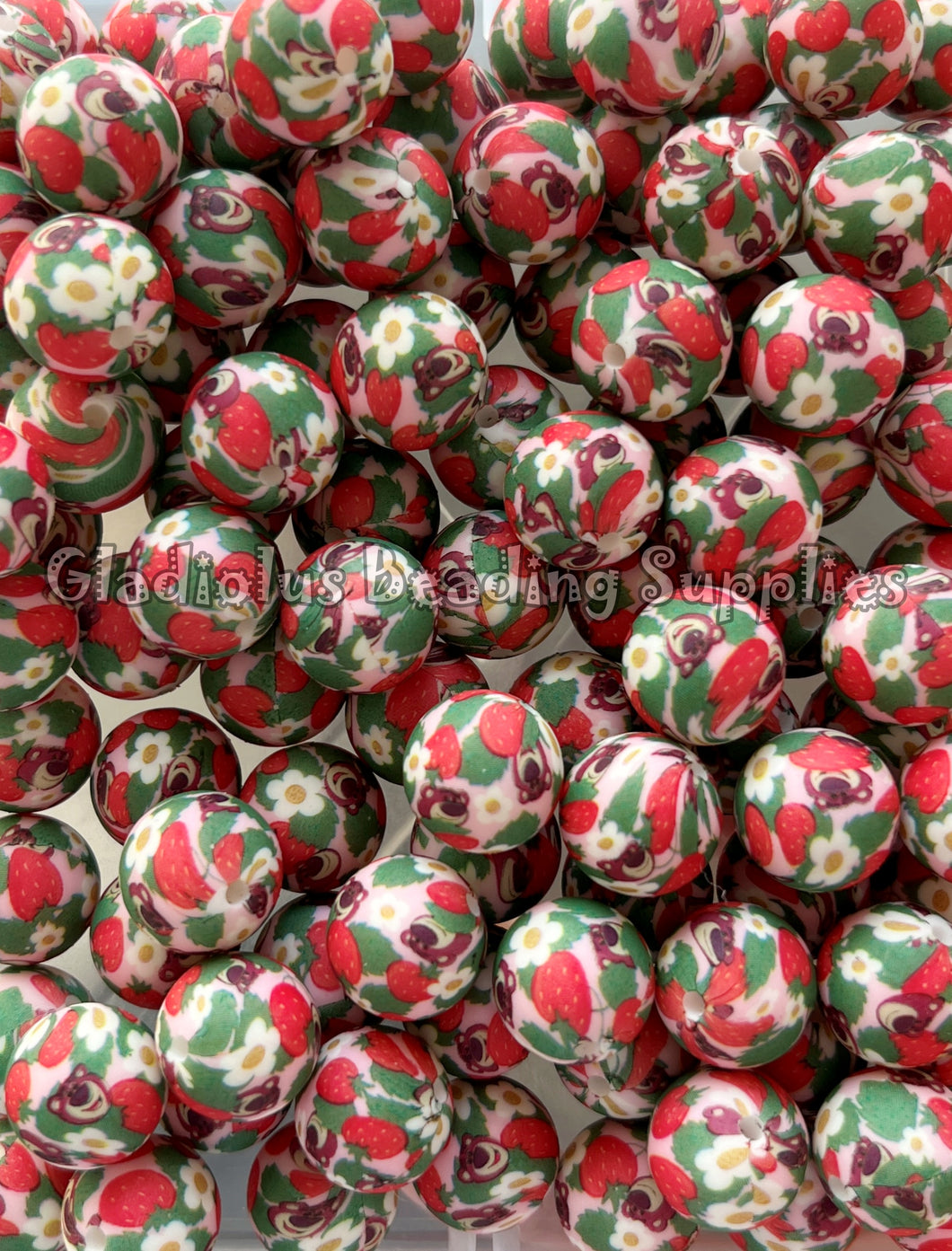 15mm Red/Green Floral Print Silicone Bead, Loose Beads