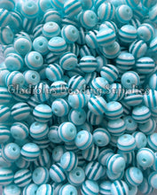Load image into Gallery viewer, 12mm Teal/White Striped Acrylic Beads - Acrylic Striped Beads - Bubblegum Beads - Chunky Beads
