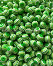 Load image into Gallery viewer, 12mm Green/White Striped Acrylic Beads - Acrylic Striped Beads - Bubblegum Beads - Chunky Beads
