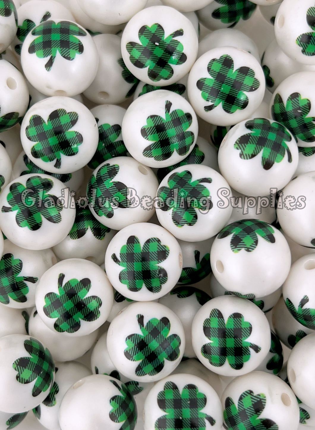 20mm PLAID/CLOVER - St. Patrick Matte Print - White Acrylic Matte Beads - Bubblegum Beads - Chunky Beads