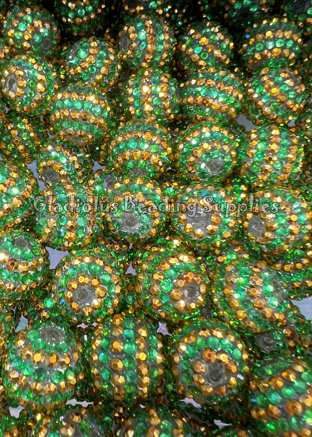 20mm Green/Gold Striped Rhinestone Beads - Acrylic Beads - Bubblegum Beads - Chunky Beads