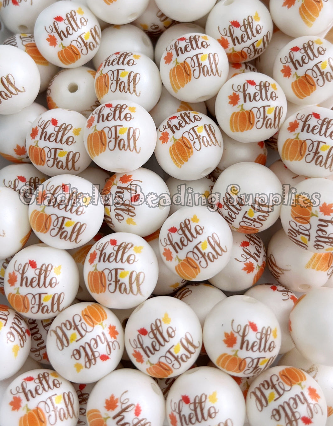 20mm Hello Fall Matte Print - White Acrylic Matter Beads - Thanksgiving Bubblegum Beads - Chunky Beads