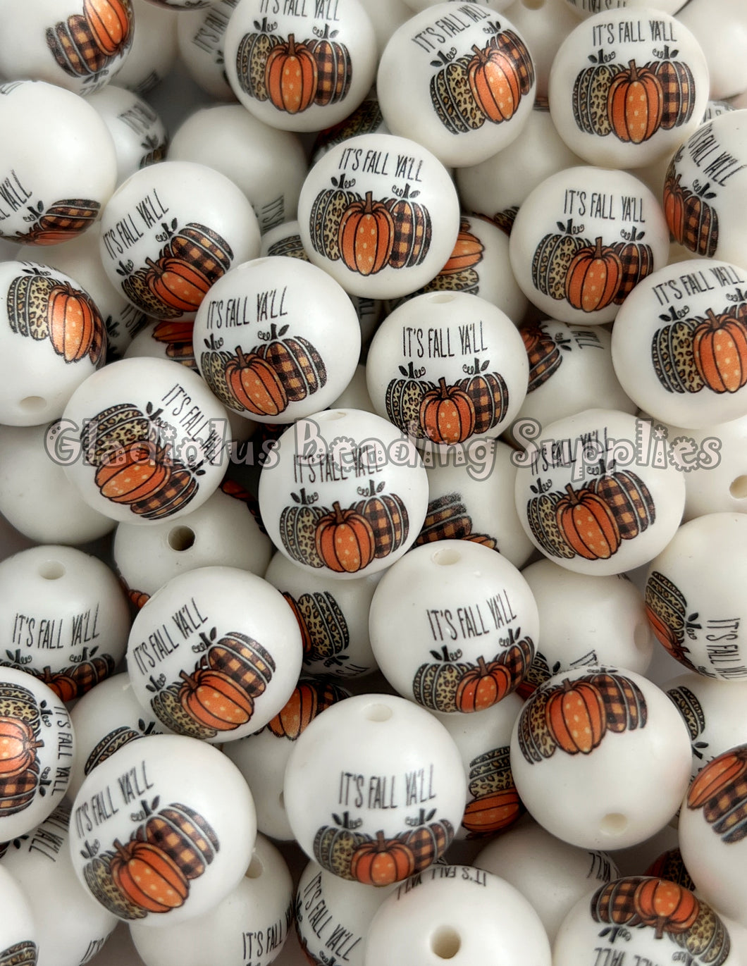 20mm It's Fall Y'all Matte Print - White Acrylic Matter Beads - Thanksgiving Bubblegum Beads - Chunky Beads