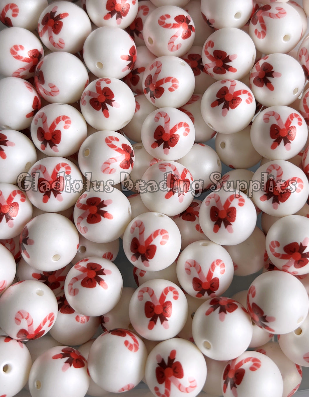 20mm Candy Cane Matte Print - White Acrylic Matte Beads - Bubblegum Beads - Christmas Chunky Beads