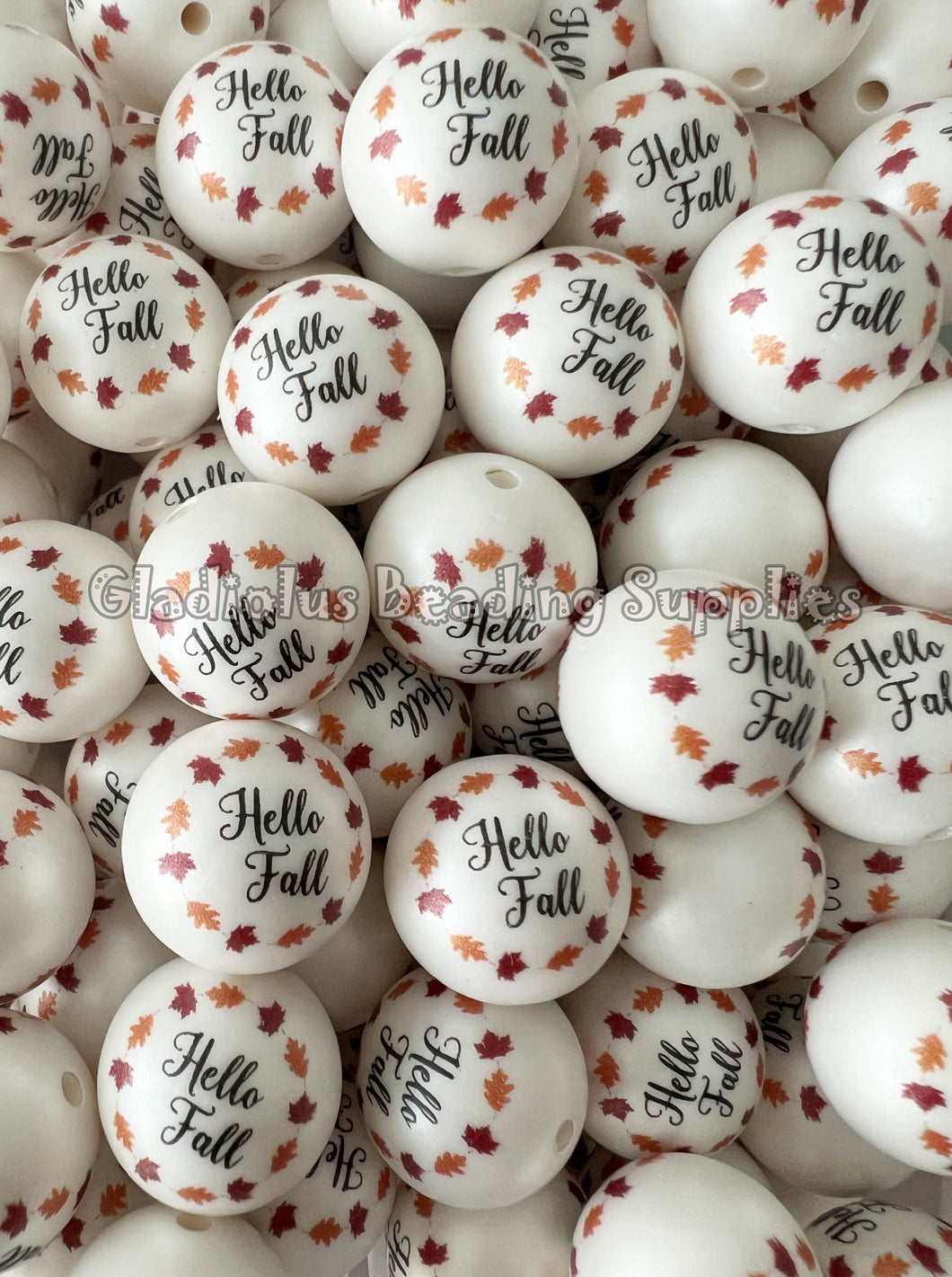 20mm Hello Fall Matte Print - White Acrylic Matter Beads - Thanksgiving Bubblegum Beads - Chunky Beads