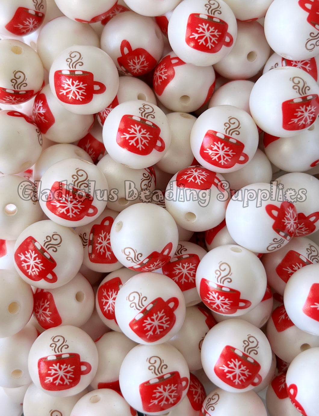 20mm Winter Cup Beads - Christmas Matte Print - White Acrylic Matte Beads - Bubblegum Beads - Chunky Beads