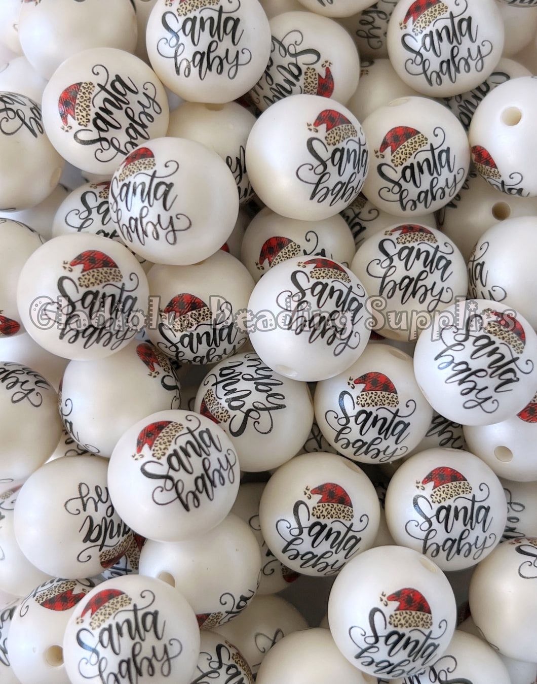 20mm Santa Baby Beads - Christmas Matte Print - White Acrylic Matte Beads - Bubblegum Beads - Chunky Beads