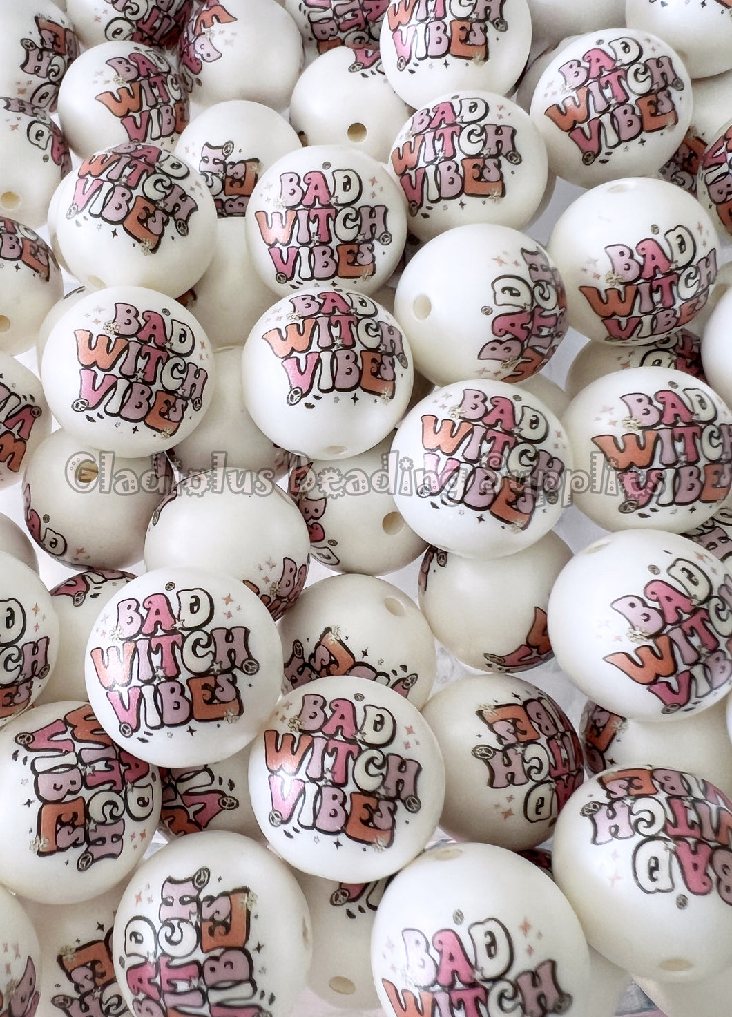 20mm Bad Witch Vibes Matte Print - White Acrylic Matter Beads - Bubblegum Beads - Chunky Beads - Halloween Beads