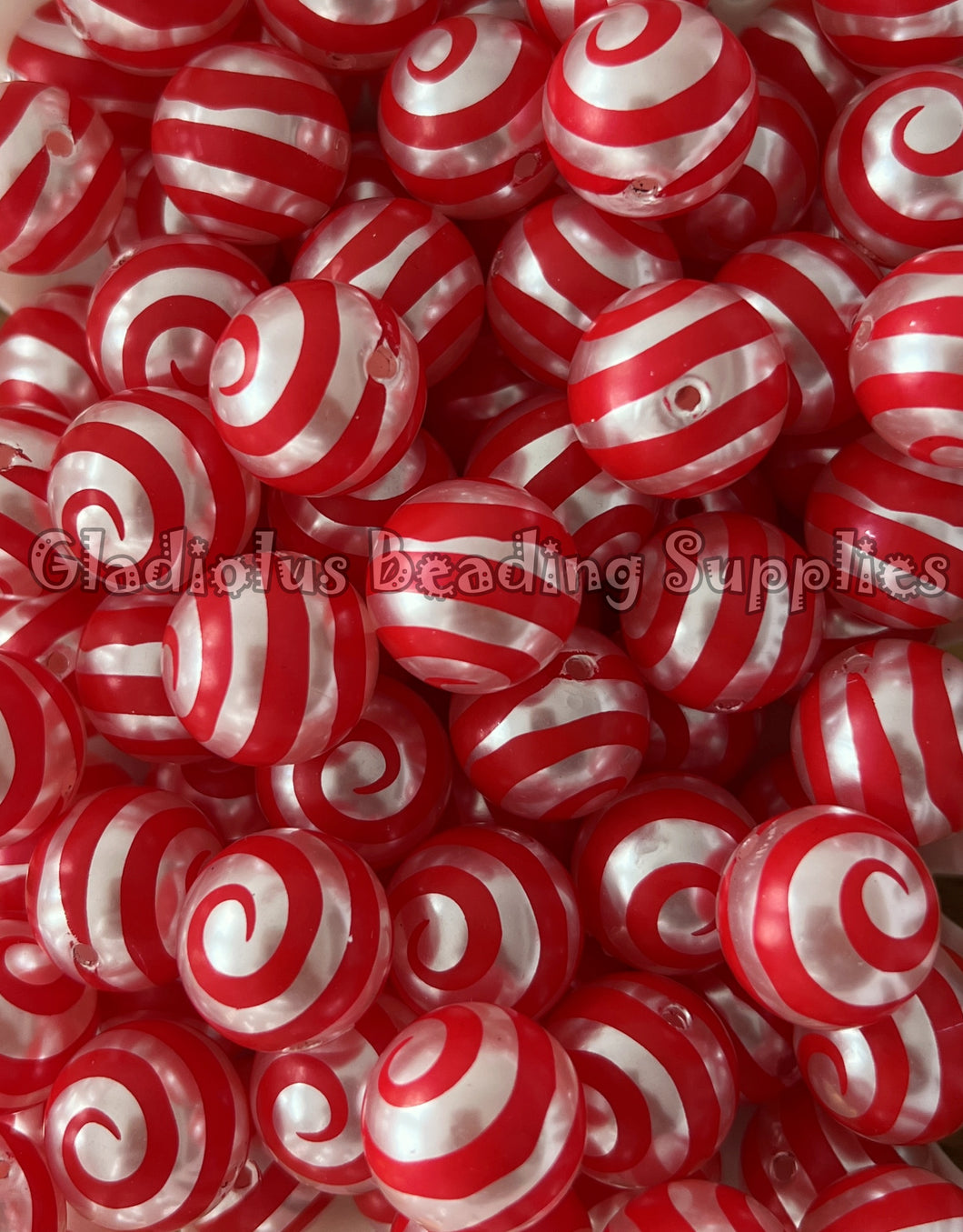 20mm Red Swirl Beads - Peppermint - Christmas Print - Acrylic Beads - Bubblegum Beads - Chunky Beads