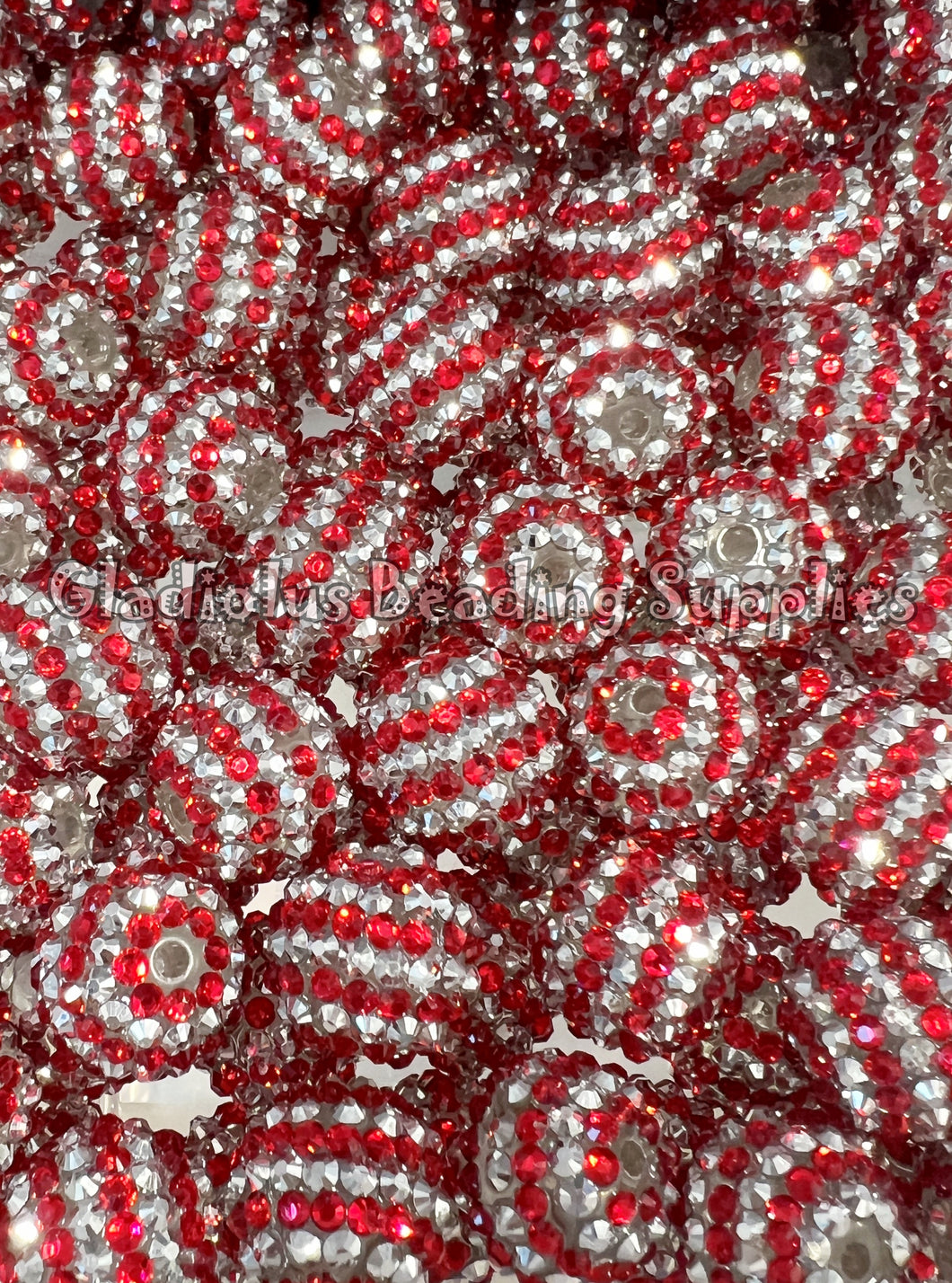 20mm Red/Silver Striped Rhinestone Beads - Acrylic Beads - Bubblegum Beads - Chunky Beads