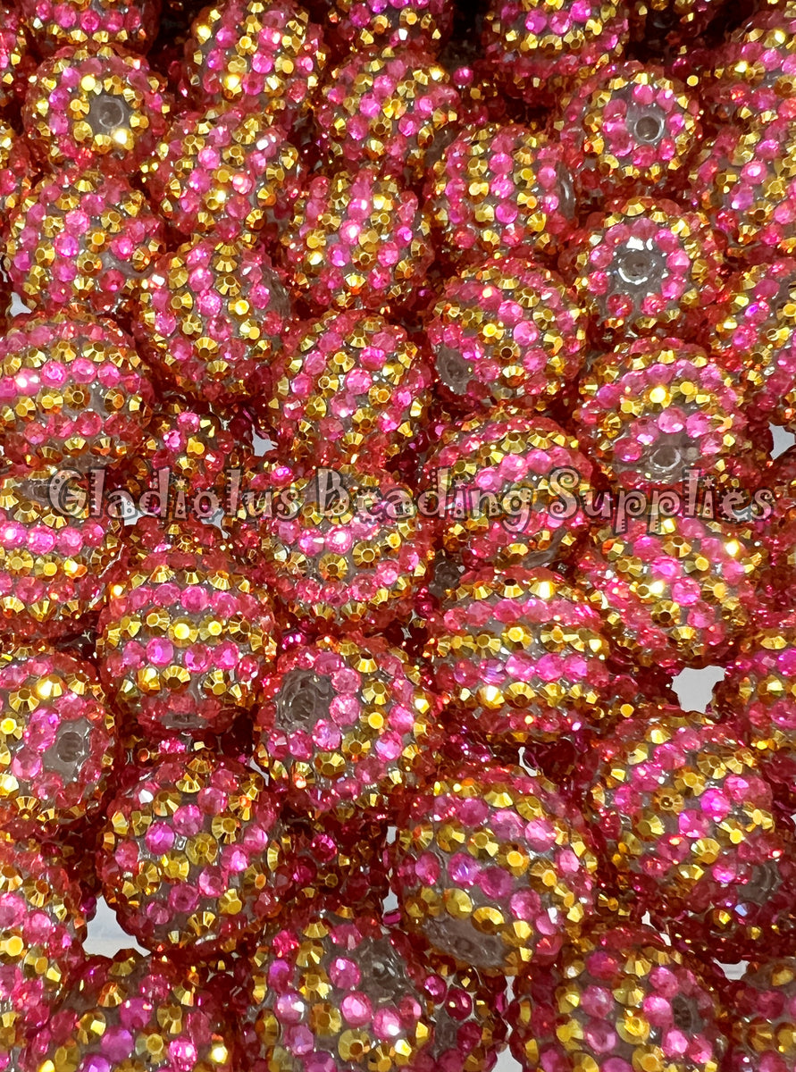 20mm Hot Pink/Gold Striped Rhinestone Beads Acrylic Beads Bubblegu