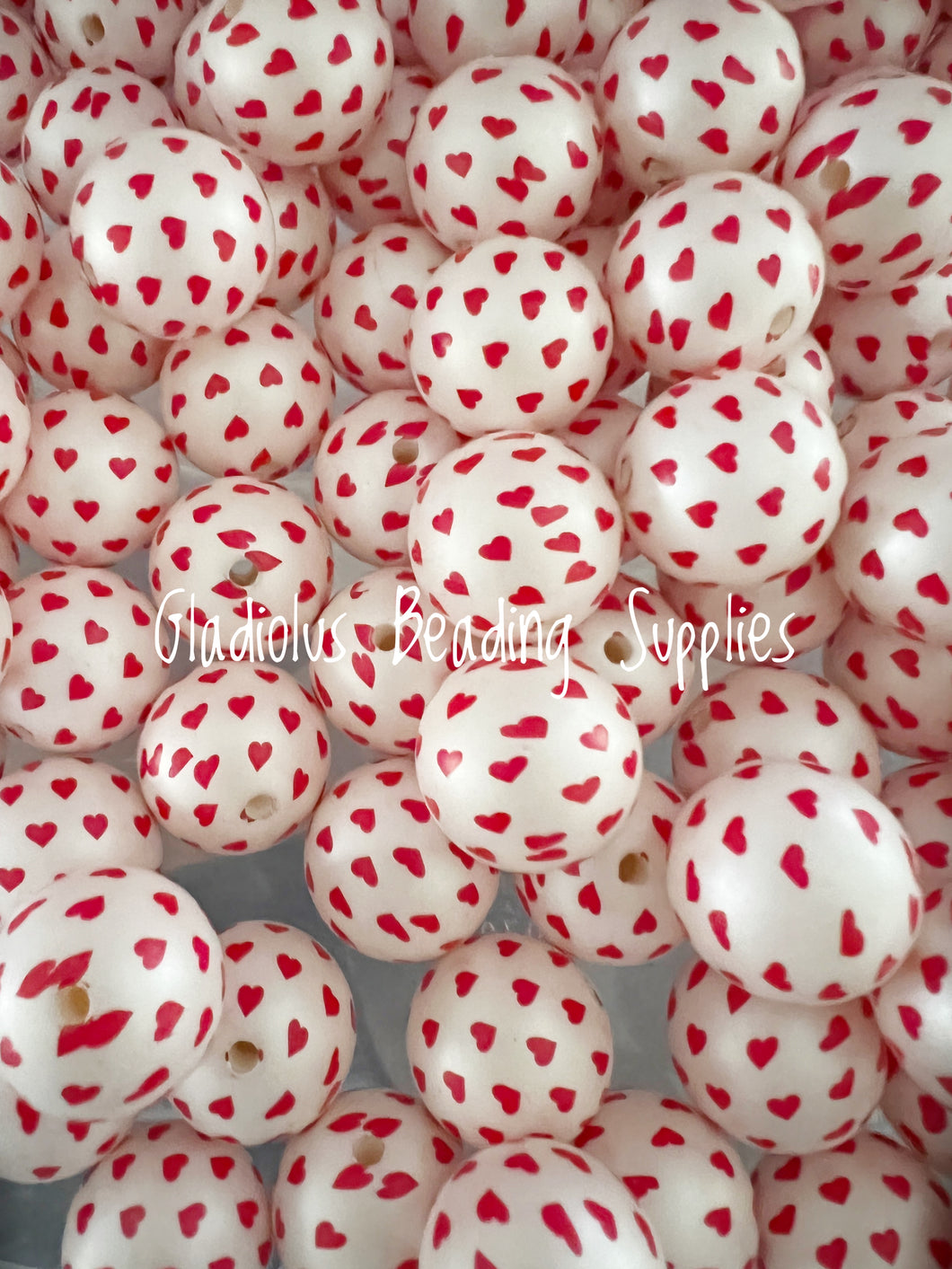 20mm Red Heart Solid Valentine Matte Print - White Acrylic Matter Beads - Bubblegum Beads - Chunky Beads
