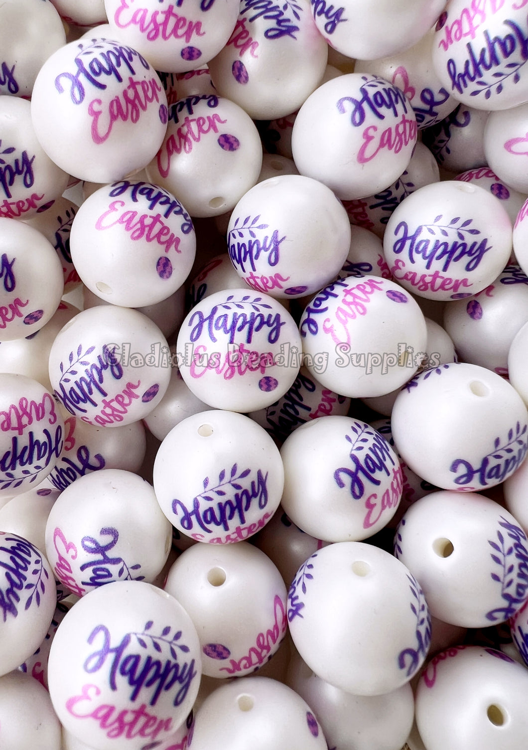 20mm Purple Happy Easter Matte Print - Easter White Acrylic Matter Beads - Bubblegum Beads - Chunky Beads