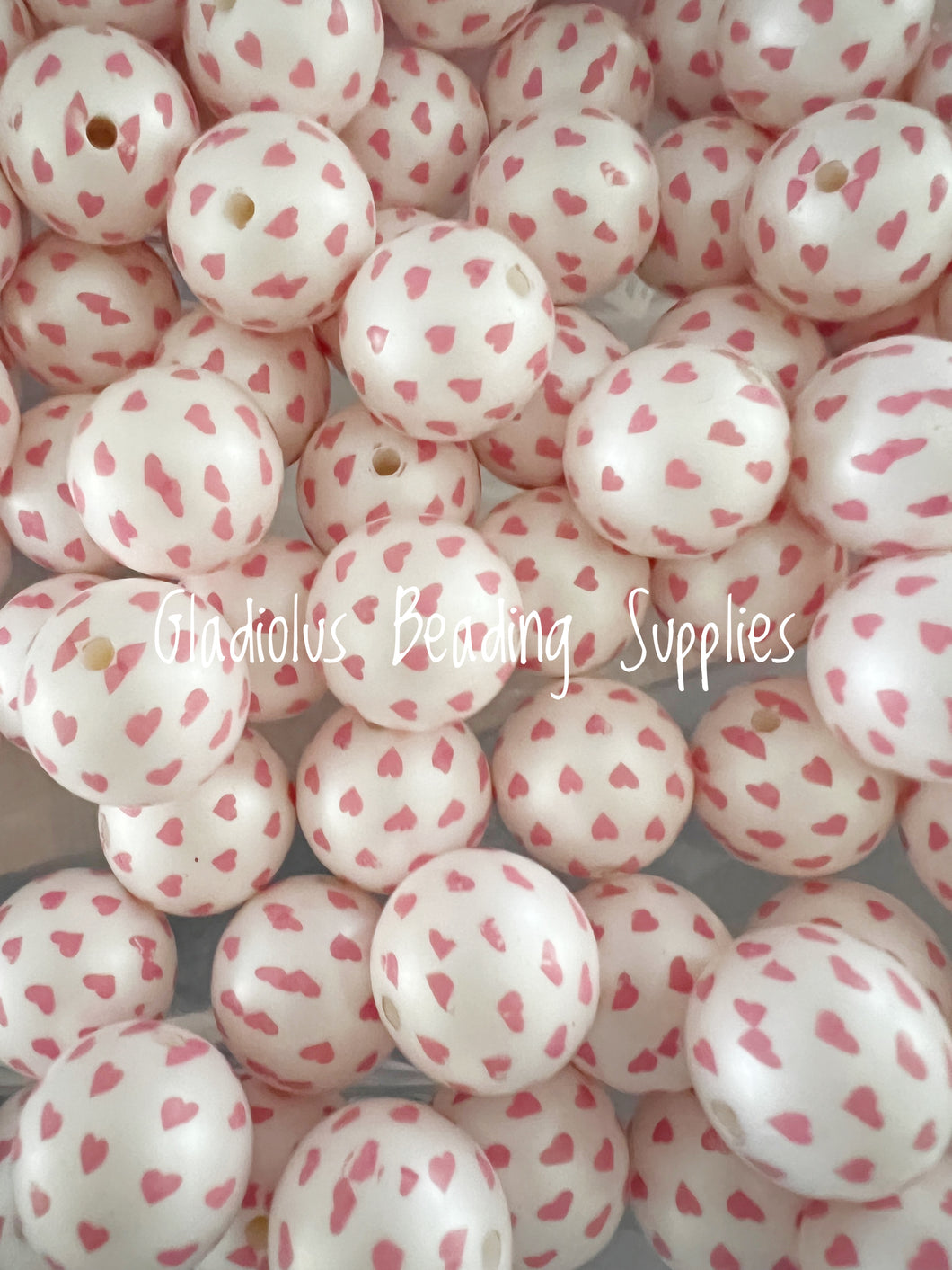 20mm Pink Heart Solid Valentine Matte Print - White Acrylic Matter Beads - Bubblegum Beads - Chunky Beads