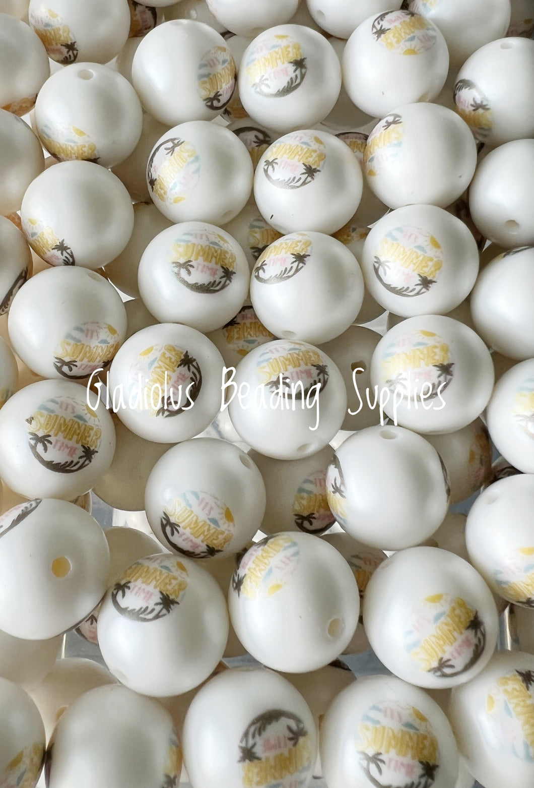 20mm It’s Summer Time Matte Print - White Acrylic Matter Beads - Bubblegum Beads - Chunky Beads