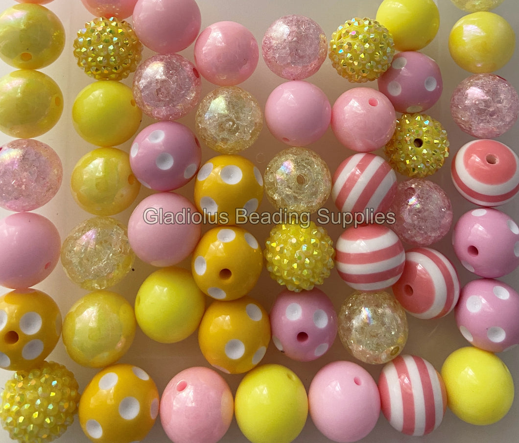 50 Qty 20mm Pink/Yellow Mixed Beads - Acrylic Chunky Beads - Chunky Beads #73