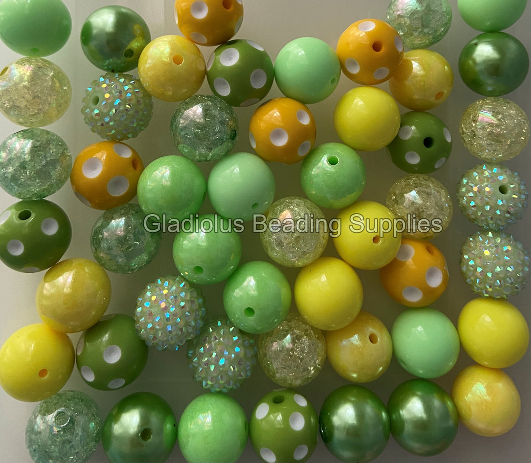 50 Qty 20mm Lemon/Polka Mixed Beads - Acrylic Chunky Beads - Chunky Beads #76