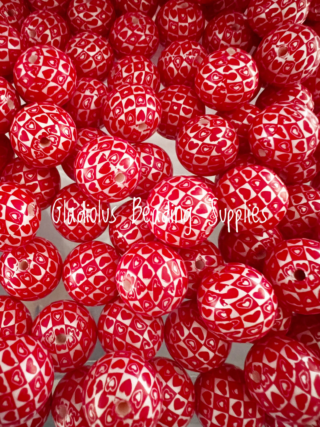 20mm Heart Square Valentine Matte Print - White Acrylic Matter Beads - Bubblegum Beads - Chunky Beads