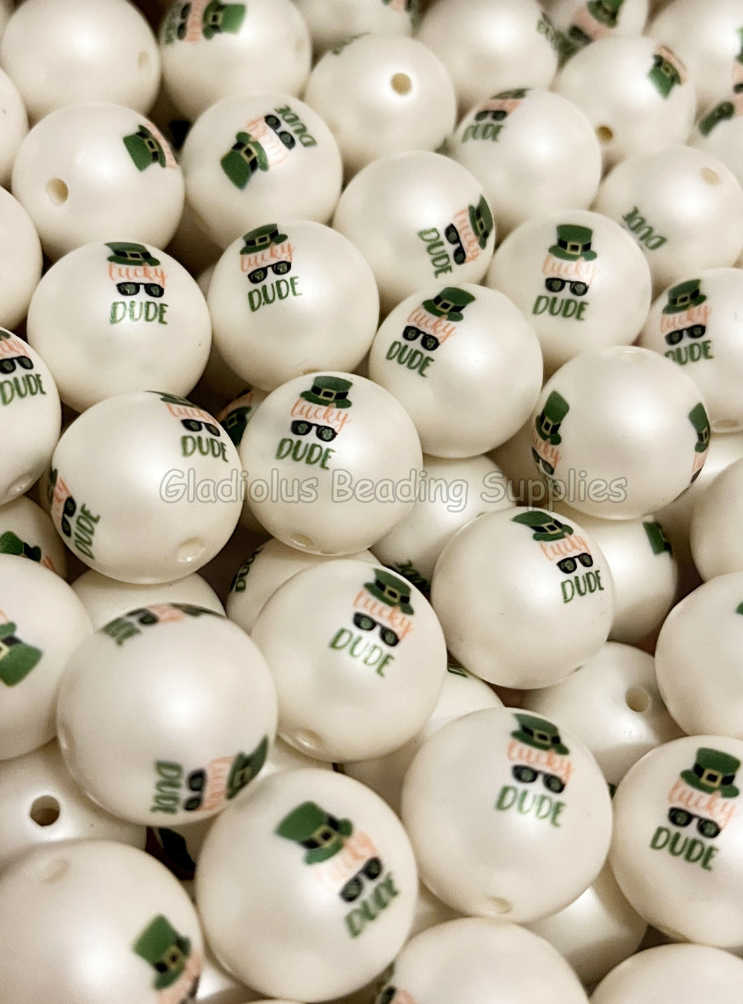 20mm Lucky Dude - St. Patrick Matte Print - White Acrylic Matter Beads - Bubblegum Beads - Chunky Beads