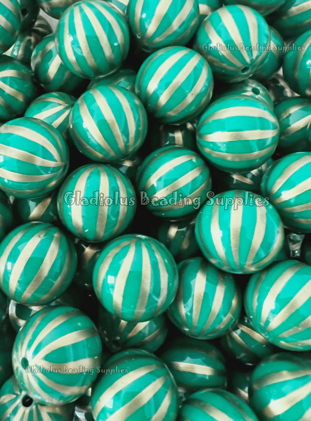 20mm Green/Gold Watermelon - Christmas Print - Acrylic Beads - Bubblegum Beads - Chunky Beads