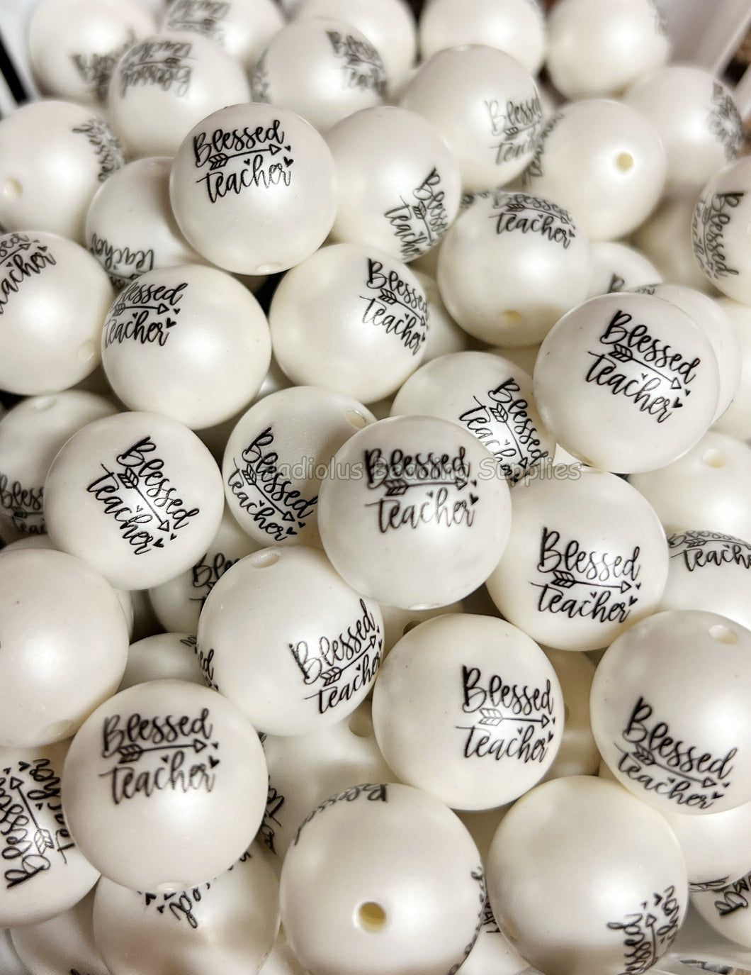 20mm Blessed Teacher Matte Print - White Matter Beads - Bubblegum Beads - Chunky Beads