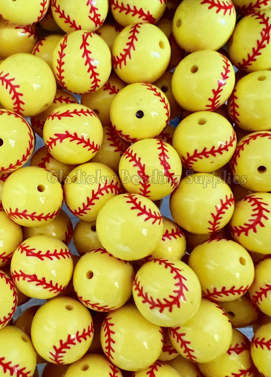 20mm Yellow Baseball Print Acrylic Beads - Bubblegum Beads - Chunky Be ...