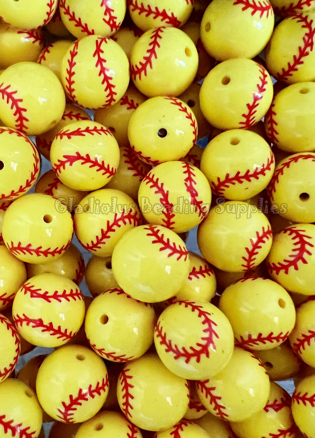 20mm Yellow Baseball Print Acrylic Beads - Bubblegum Beads - Chunky Beads