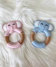 Load image into Gallery viewer, Elephant  With Wooden Ring Teether, Silicone Teether BPA free , Food Grade Teether, Sensory Pendant Teether
