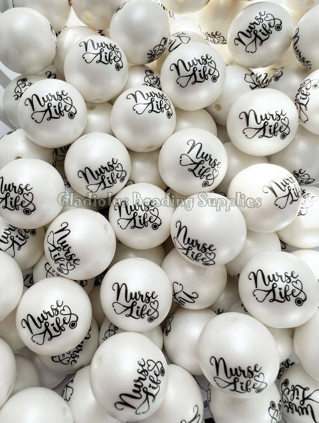 20mm Nurse #2 Matte Print - White Acrylic Matter Beads - Bubblegum Beads - Chunky Beads