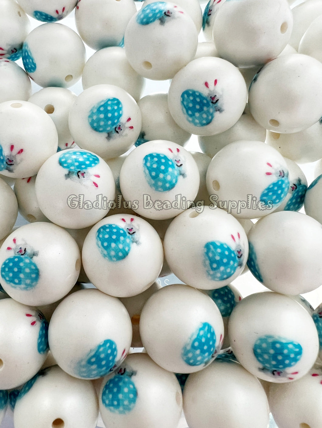 20mm Blue Bunny Egg Matte Print - White Acrylic Matter Beads - Bubblegum Beads - Chunky Beads