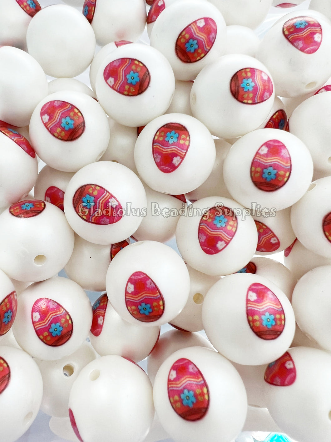 20mm Red Easter Egg Matte Print - White Acrylic Matter Beads - Bubblegum Beads - Chunky Beads