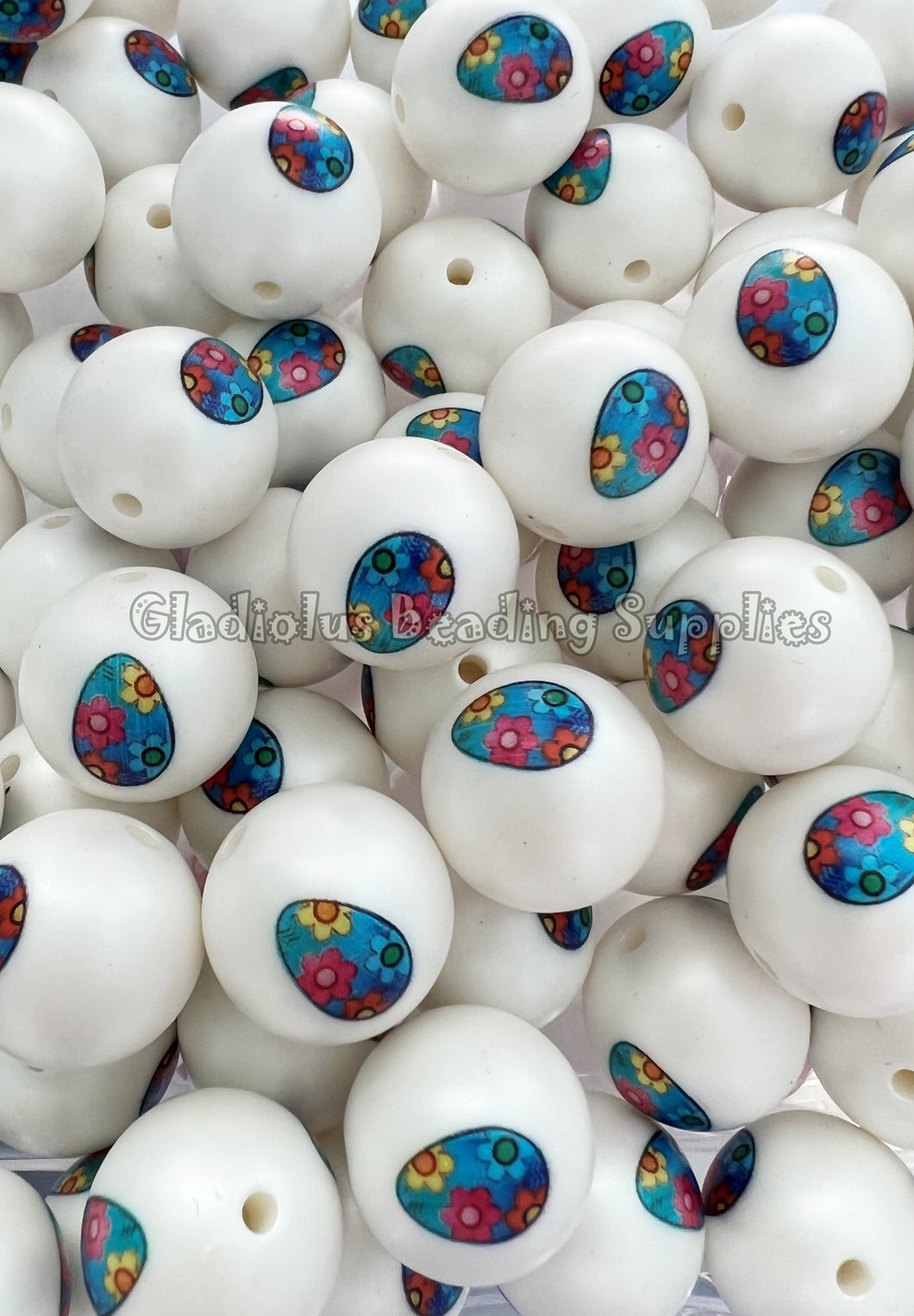 20mm Blue Easter Egg Matte Print - White Acrylic Matter Beads - Bubblegum Beads - Chunky Beads