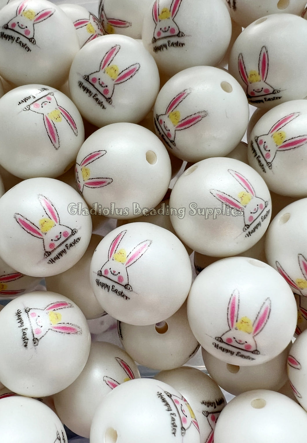 20mm Bunny Easter Matte Print - White Acrylic Matter Beads - Bubblegum Beads - Chunky Beads