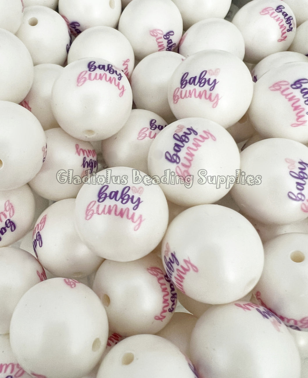 20mm Baby Bunny Matte Print - White Acrylic Matter Beads - Bubblegum Beads - Chunky Beads