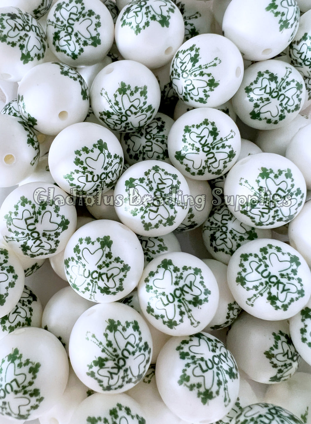 20mm LUCKY - St. Patrick Matte Print - White Acrylic Matter Beads - Bubblegum Beads - Chunky Beads