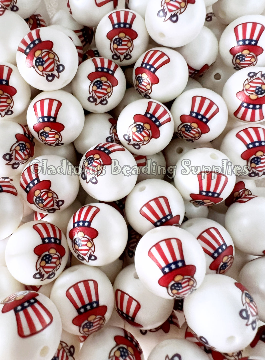 20mm Gnome Matte Print - 4th of July - White Acrylic Matter Beads - Bubblegum Beads - Chunky Beads