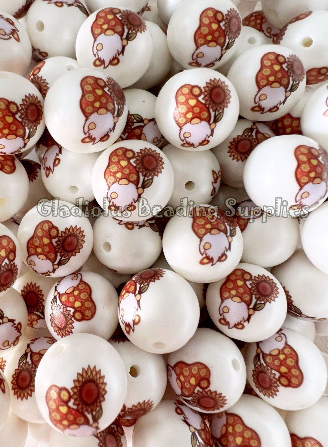 20mm Gnome/Sunflower Matte Print - White Acrylic Matter Beads - Bubblegum Beads - Chunky Beads