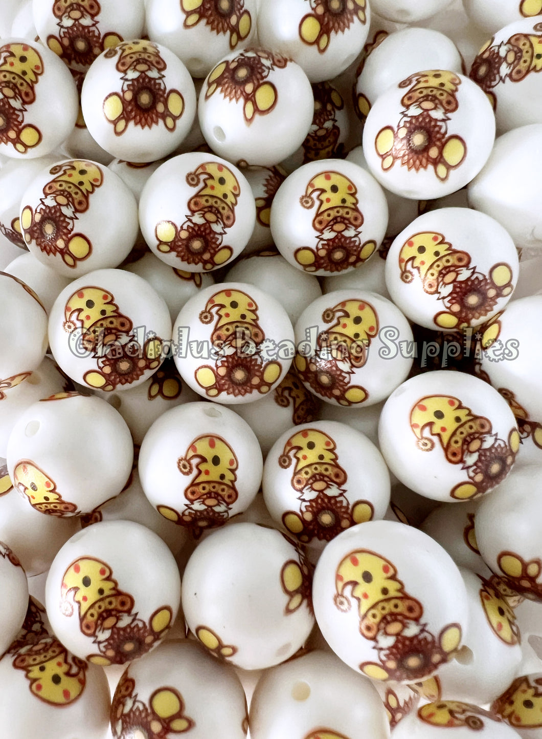 20mm Gnome with beard/Sunflower Matte Print - White Acrylic Matter Beads - Bubblegum Beads - Chunky Beads