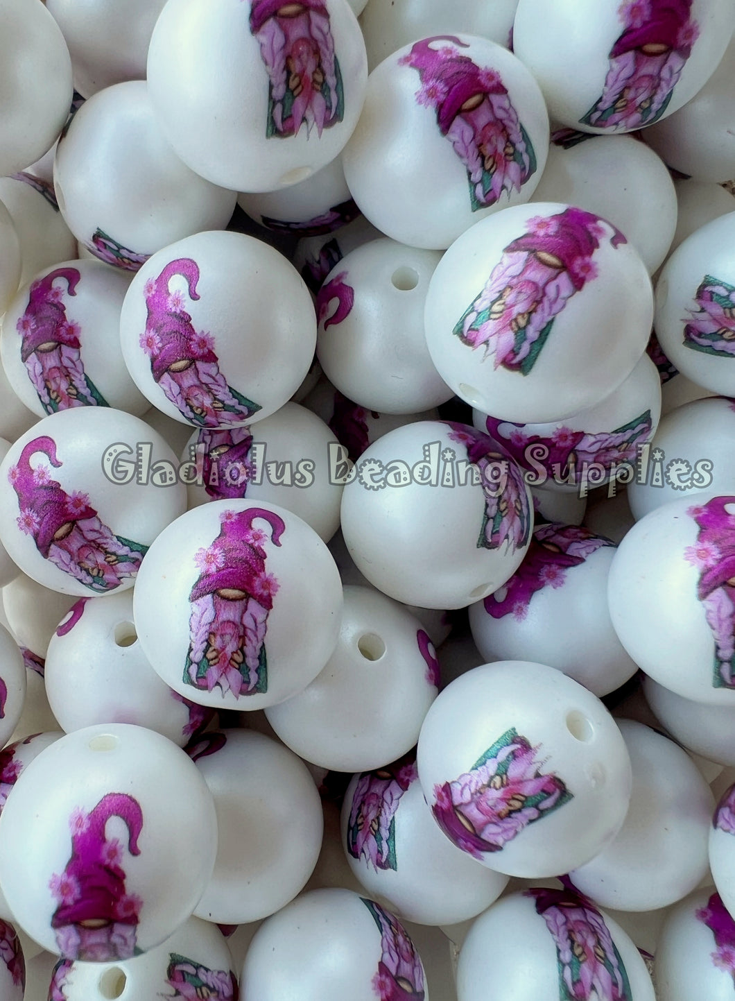 20mm Gnome With Ribbon - Breast Cancer Awareness Matte Print - White Acrylic Matter Beads - Bubblegum Beads - Chunky Beads