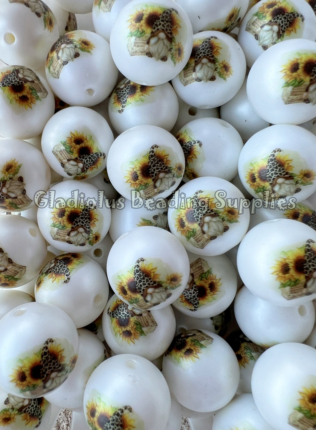 20mm Cheetah Gnome/Sunflower Matte Print - White Acrylic Matter Beads - Bubblegum Beads - Chunky Beads