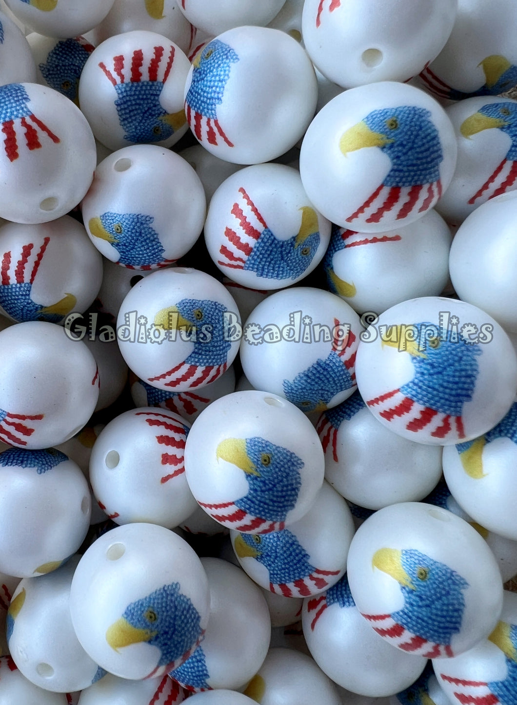 20mm Bald Eagle Print - 4th of July - White Acrylic Matter Beads - Bubblegum Beads - Chunky Beads