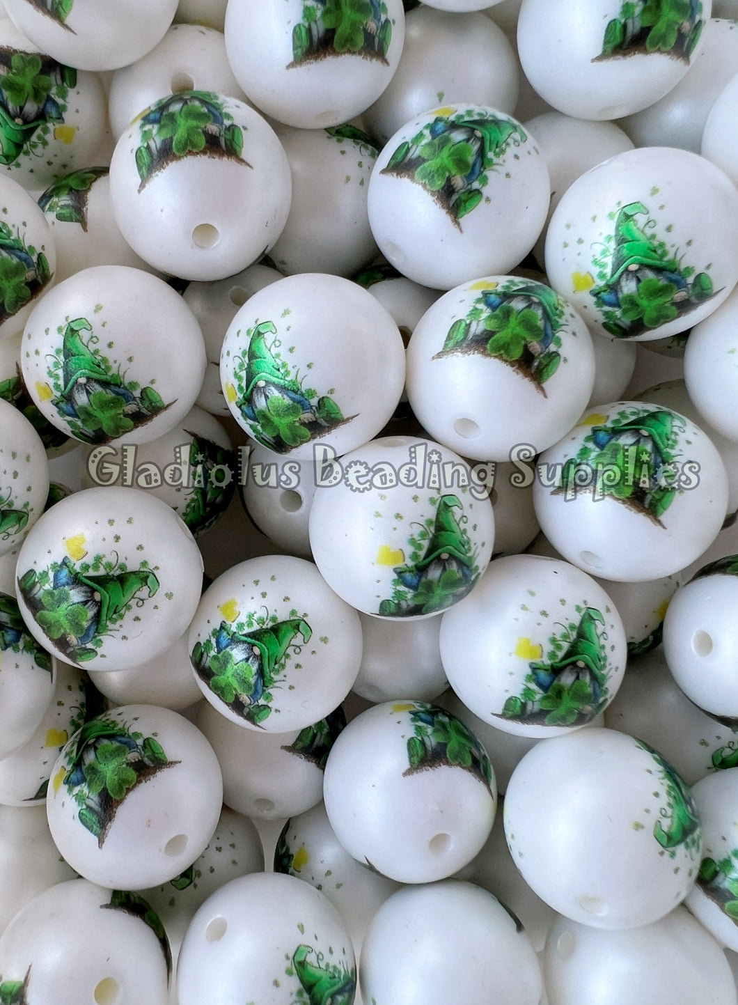 20mm St. Patrick's Day Gnome - St. Patrick Matte Print - White Acrylic Matter Beads - Bubblegum Beads - Chunky Beads