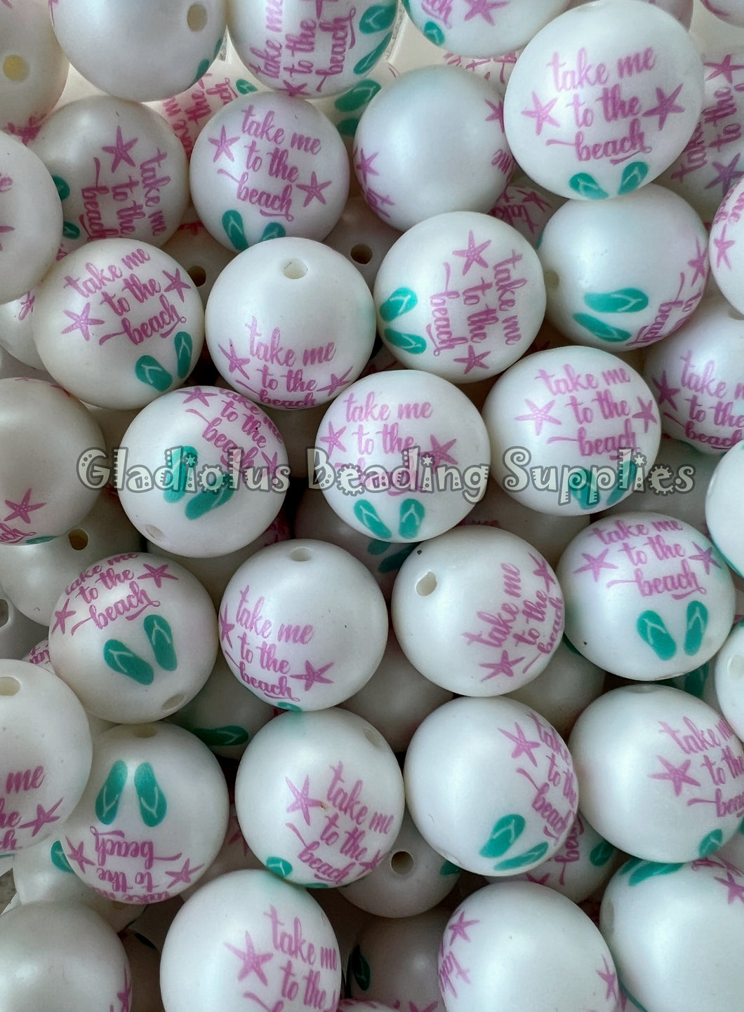 20mm Take Me To The Beach Matte Print - White Acrylic Matter Beads - Bubblegum Beads - Chunky Beads