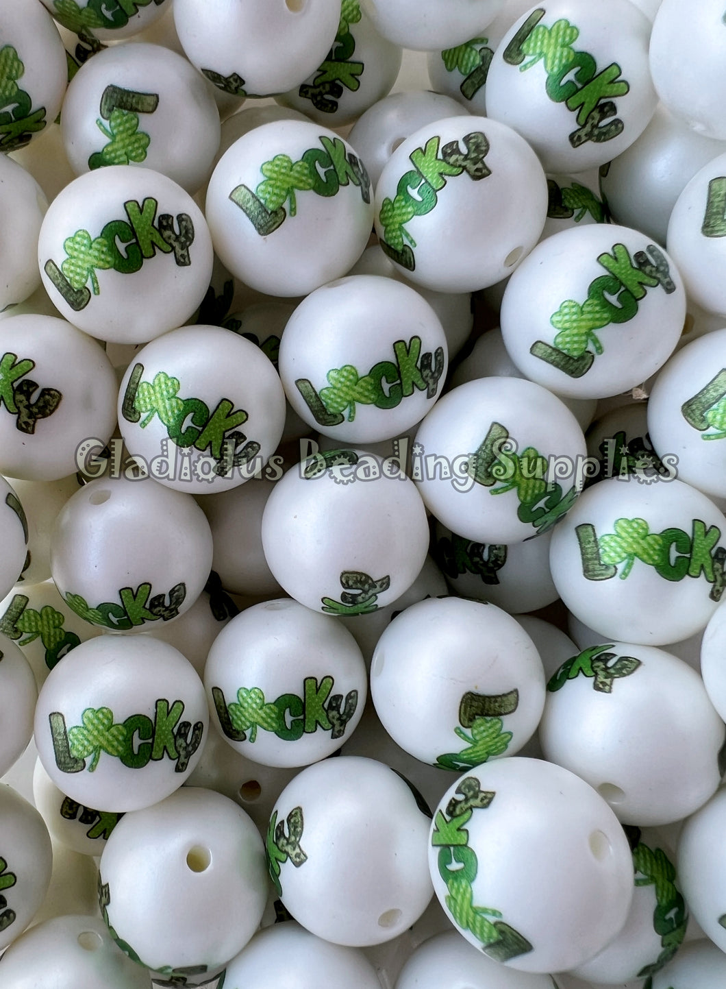 20mm Lucky - St. Patrick Matte Print - White Acrylic Matter Beads - Bubblegum Beads - Chunky Beads