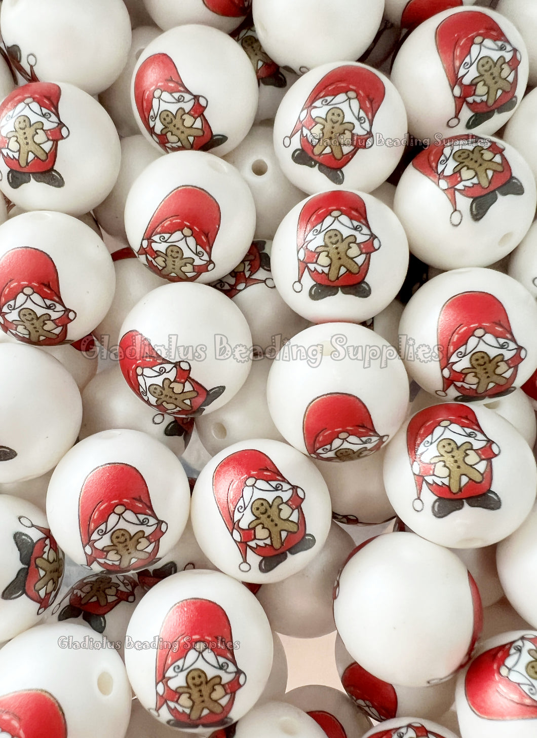 20mm Gnome/Ginger Bread Matte Print - White Acrylic Matter Beads - Bubblegum Beads - Christmas Chunky Beads