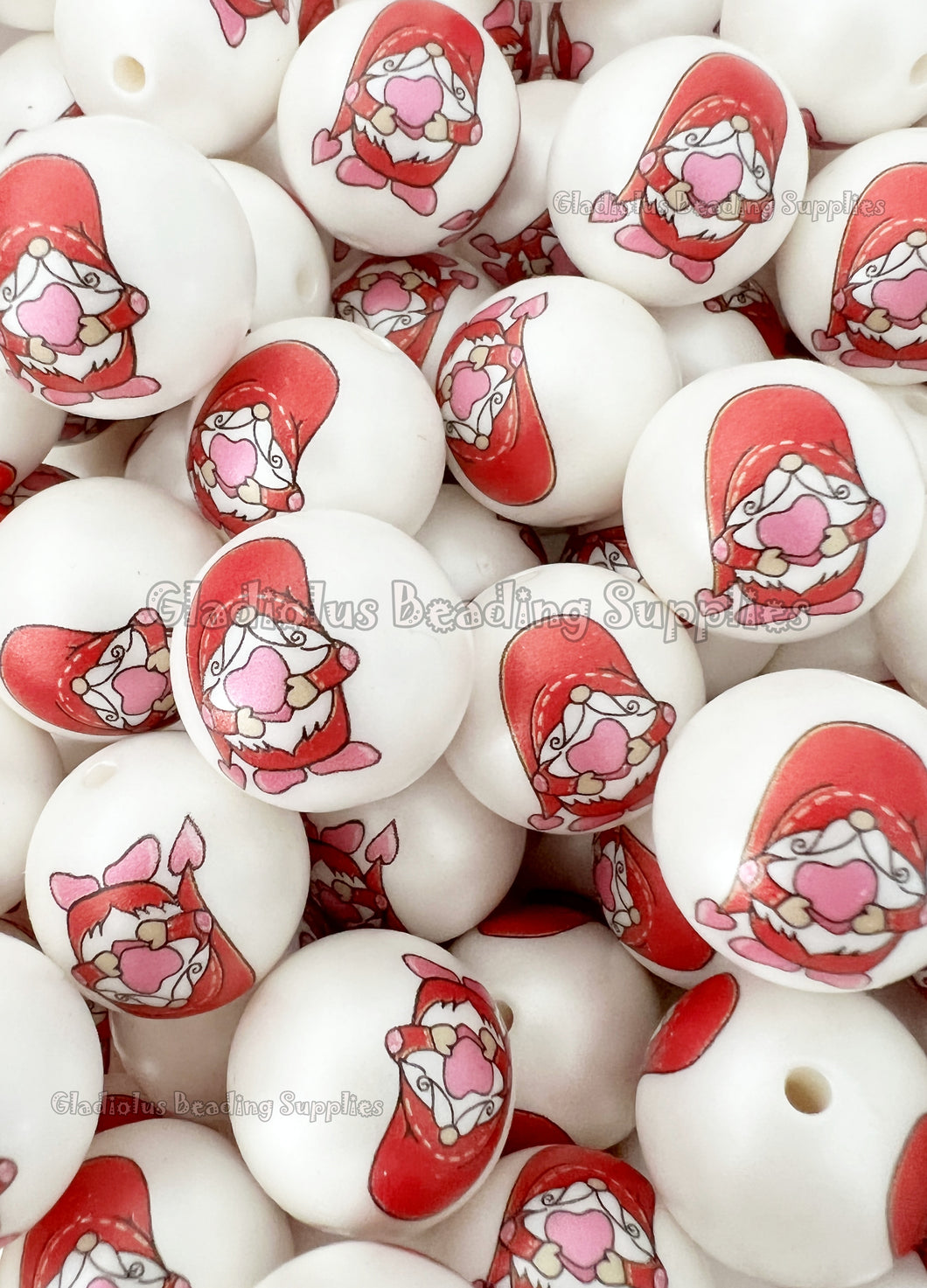 20mm Gnome/Heart Matte Print - White Acrylic Matter Beads - Bubblegum Beads - Valentine Chunky Beads