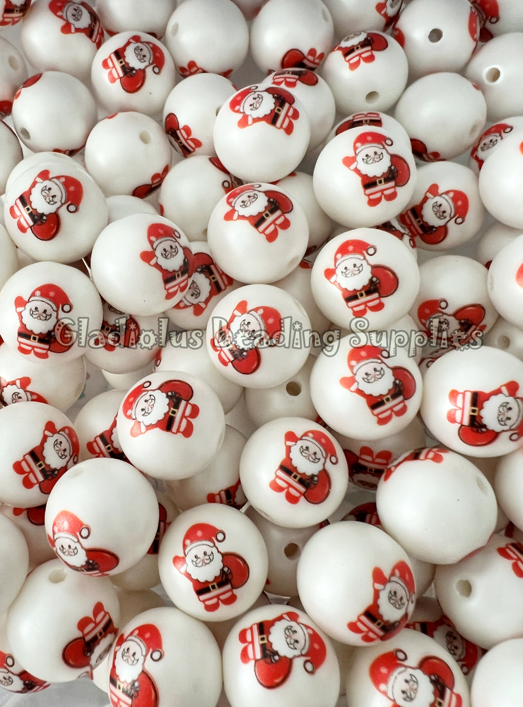 20mm Mini Santa Matte Print - White Acrylic Matter Beads - Bubblegum Beads - Valentine Chunky Beads