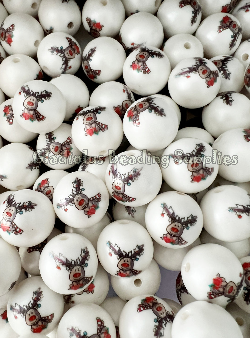 20mm Mini Reindeer Matte Print - White Acrylic Matter Beads - Bubblegum Beads - Valentine Chunky Beads